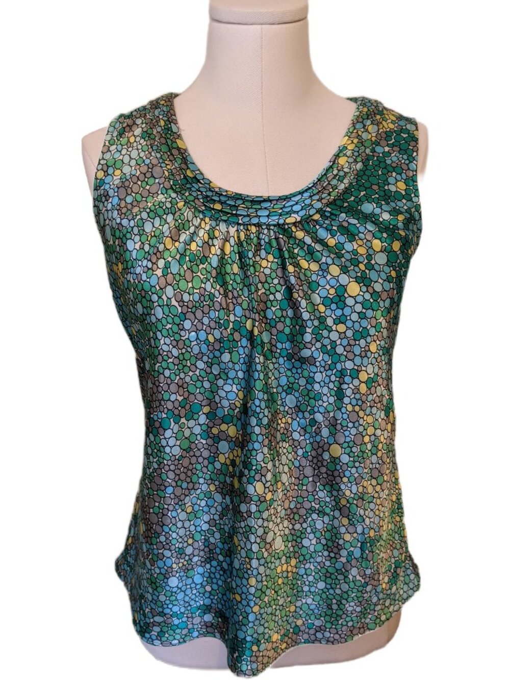 Y2K Silky Sleeveless Blouse Green Blue Bubble Print Scoop Neck Top Office Party